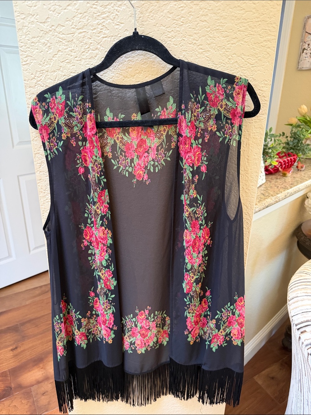 Petticoat Alley Black Sheer Fringe Vest with Pink Floral